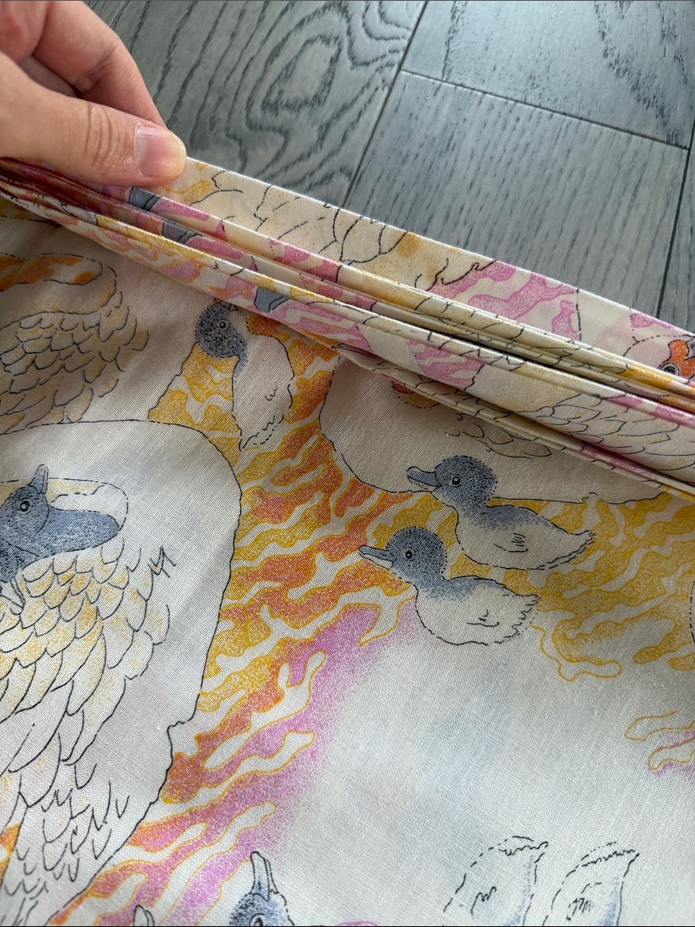 Swan Print Cotton Fabric Panel in Pastel Pink, Yellow & Gray - Picture 3 of 4